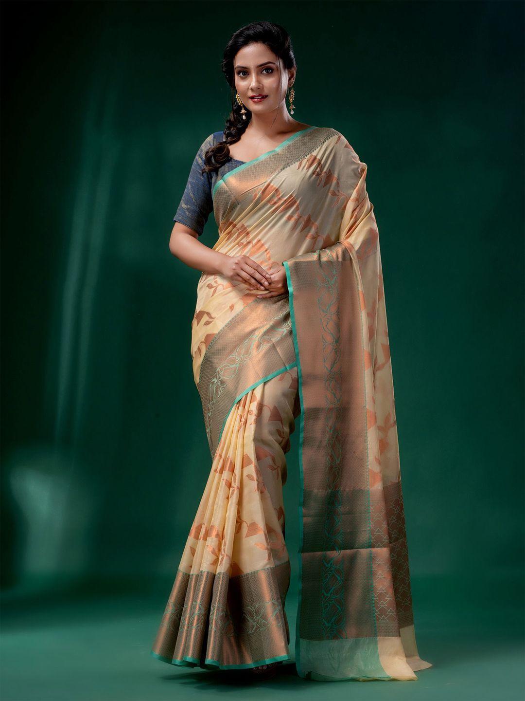 charukriti cream-coloured & gold-toned woven design zari silk cotton saree