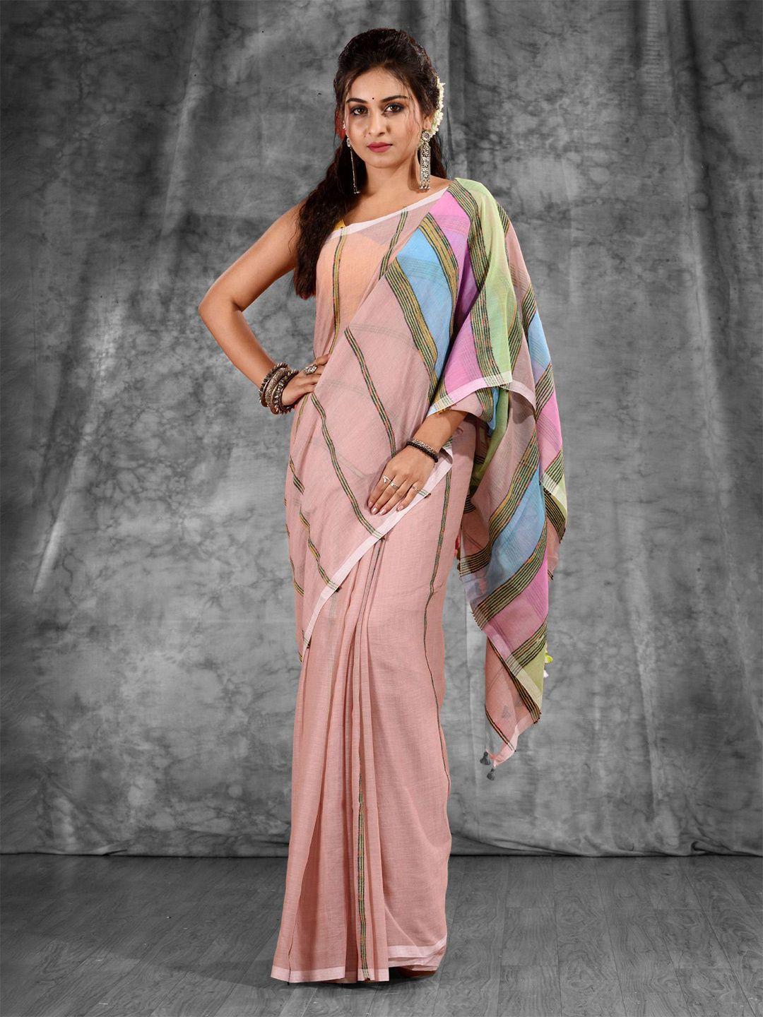 charukriti cream-coloured & green striped pure cotton saree