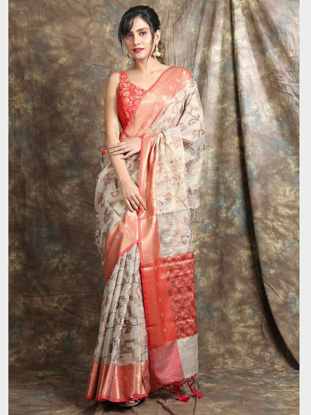 charukriti cream-coloured & red woven design zari tissue saree