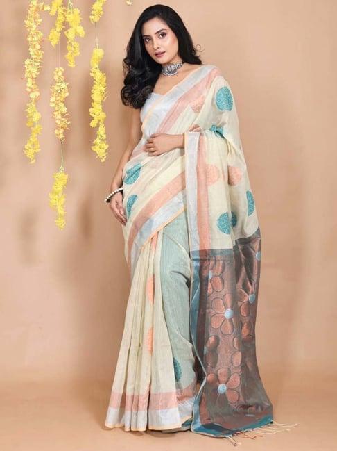 charukriti cream woven saree with unstitched blouse