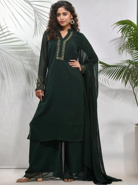 charukriti emerald green embellished kurta palazzo set with dupatta