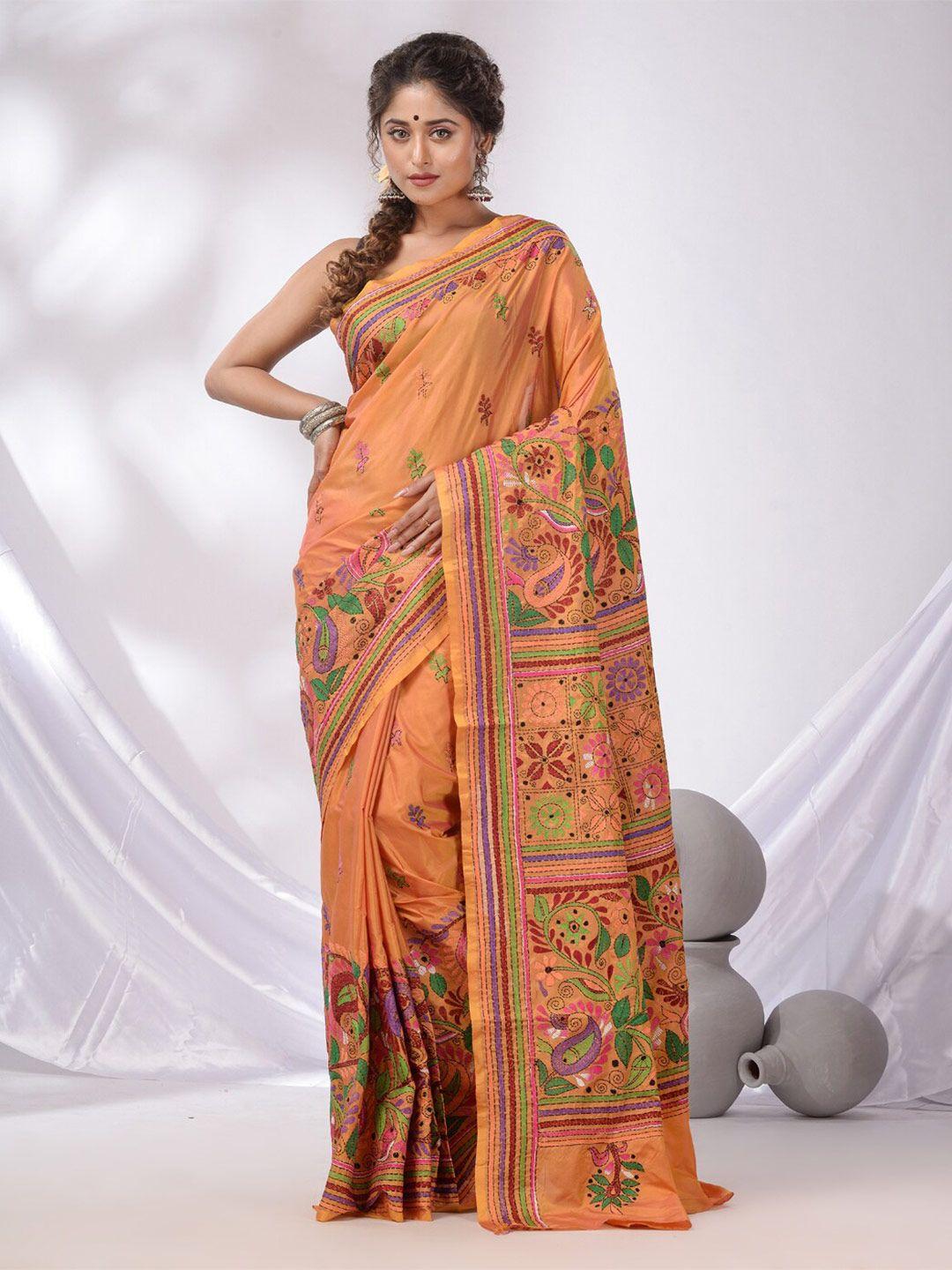 charukriti ethnic motifs embroidered kantha work silk blend saree