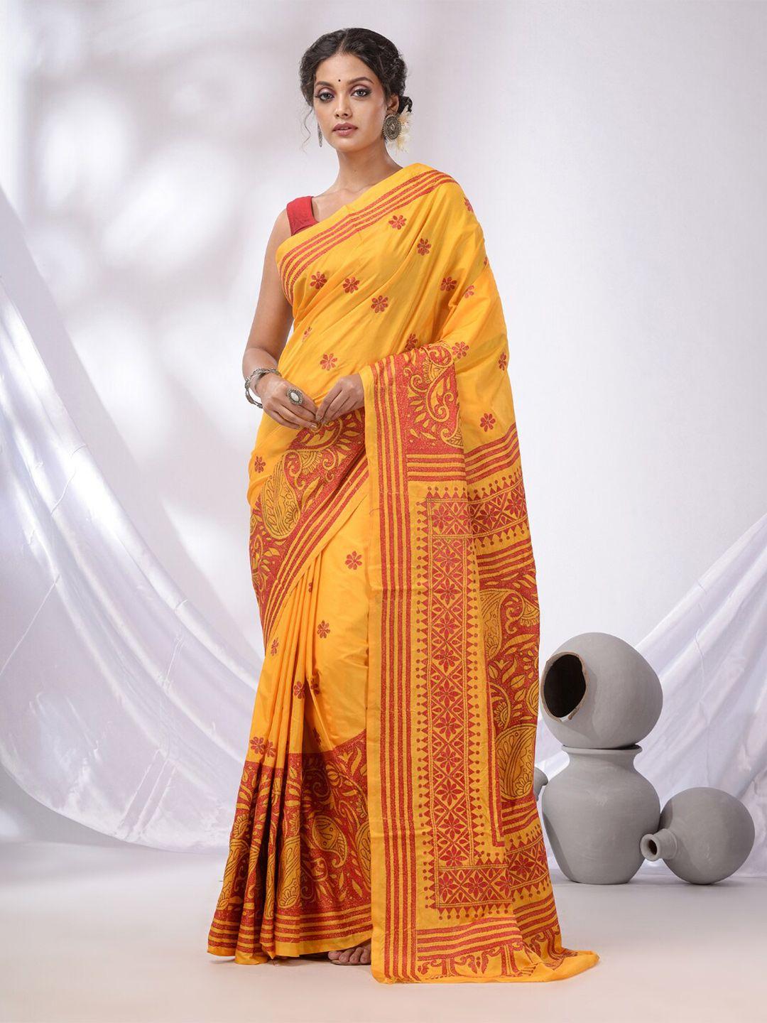 charukriti ethnic motifs embroidered kantha work silk blend saree