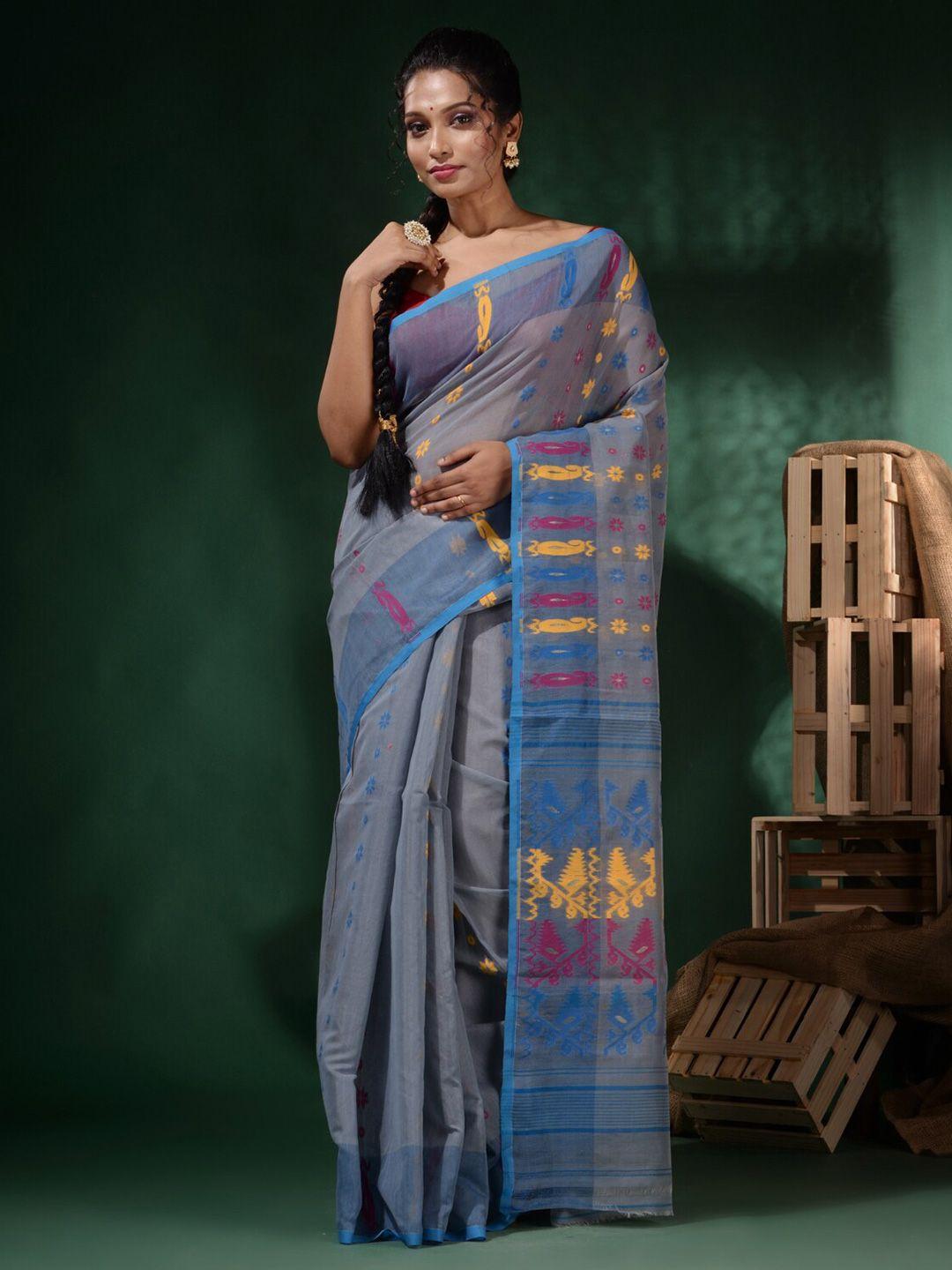 charukriti ethnic motifs printed pure cotton jamdani saree