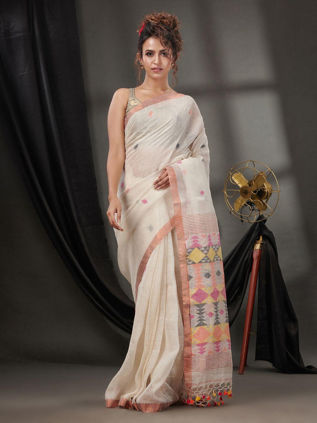 charukriti ethnic motifs woven design zari detailed pure linen saree