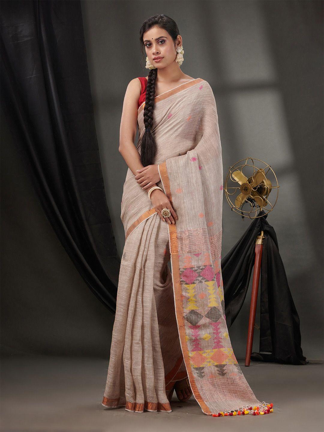 charukriti ethnic motifs woven design zari detailed pure linen saree