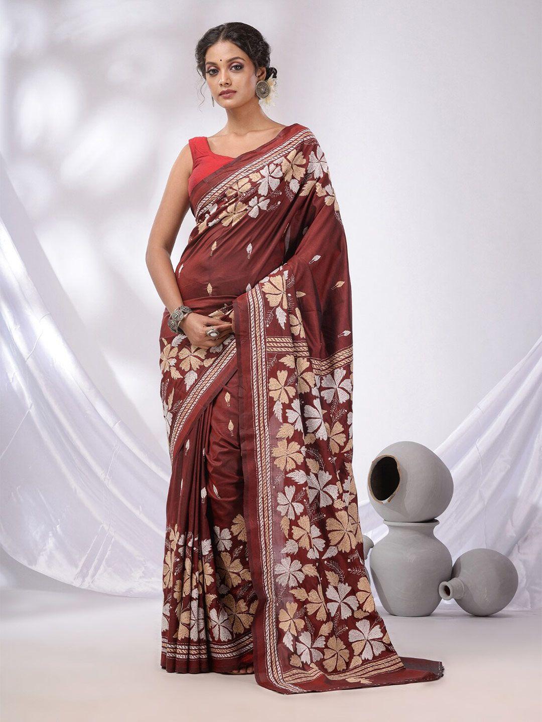 charukriti floral embroidered kantha work saree