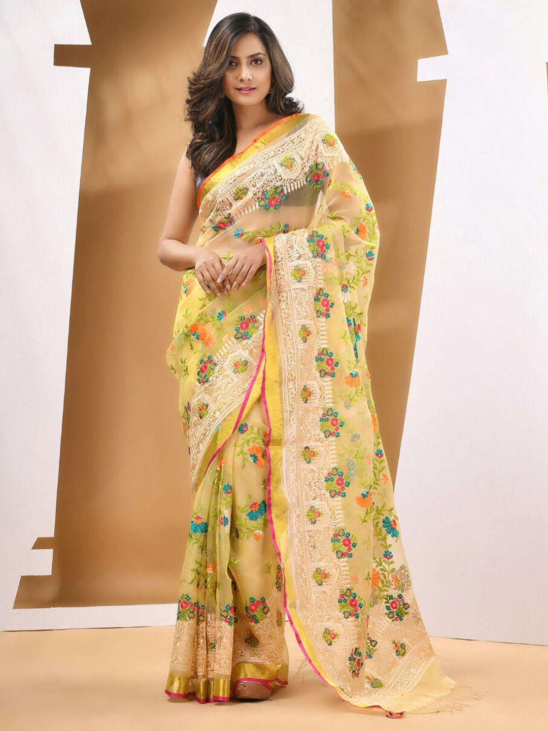 charukriti floral embroidered zari pure silk saree