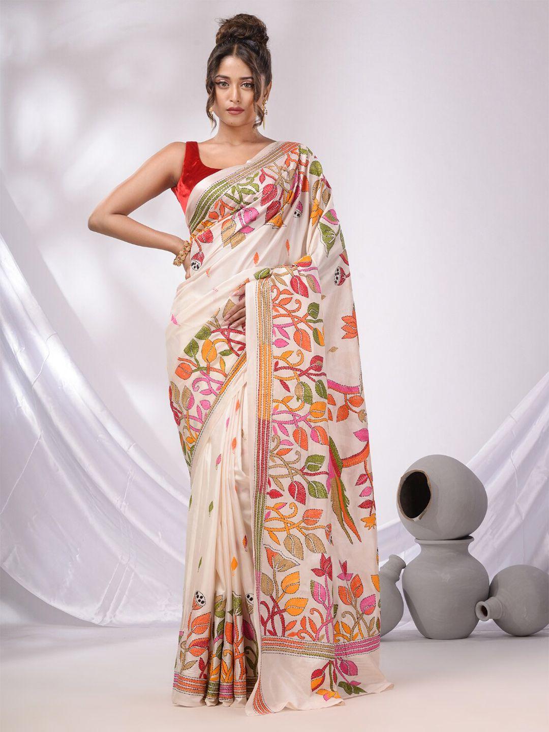 charukriti floral kantha embroidered saree