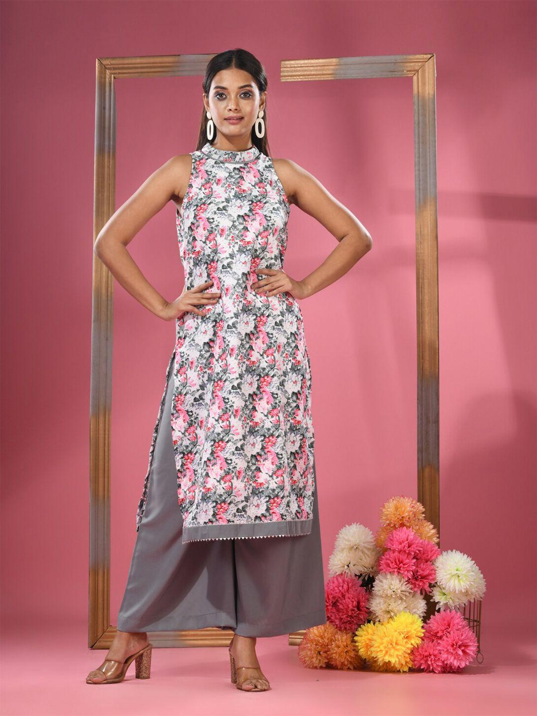 charukriti floral printed regular halter neck  georgette kurti with palazzos