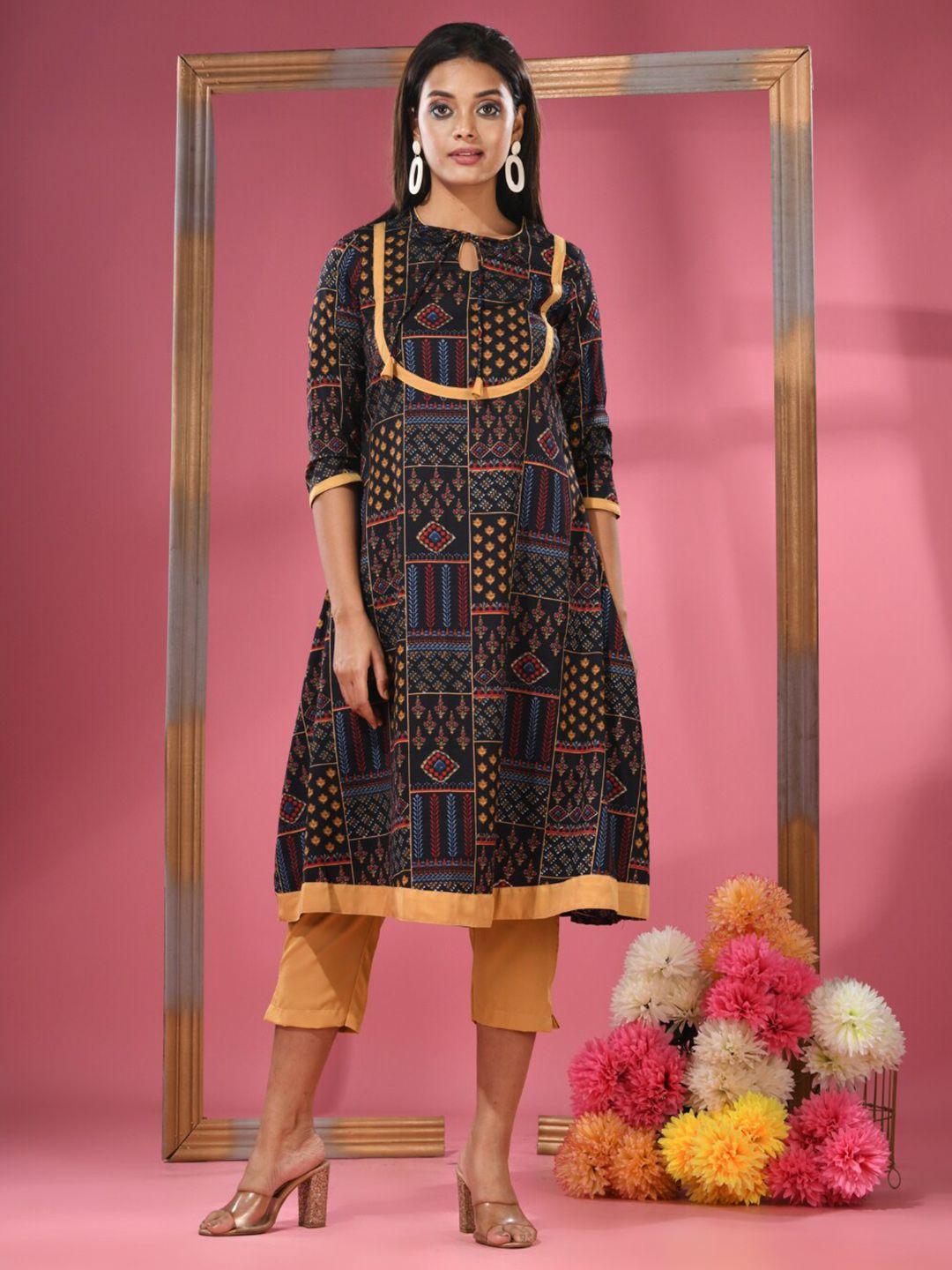 charukriti floral printed tie-up neck knee length a-line kurta with trousers