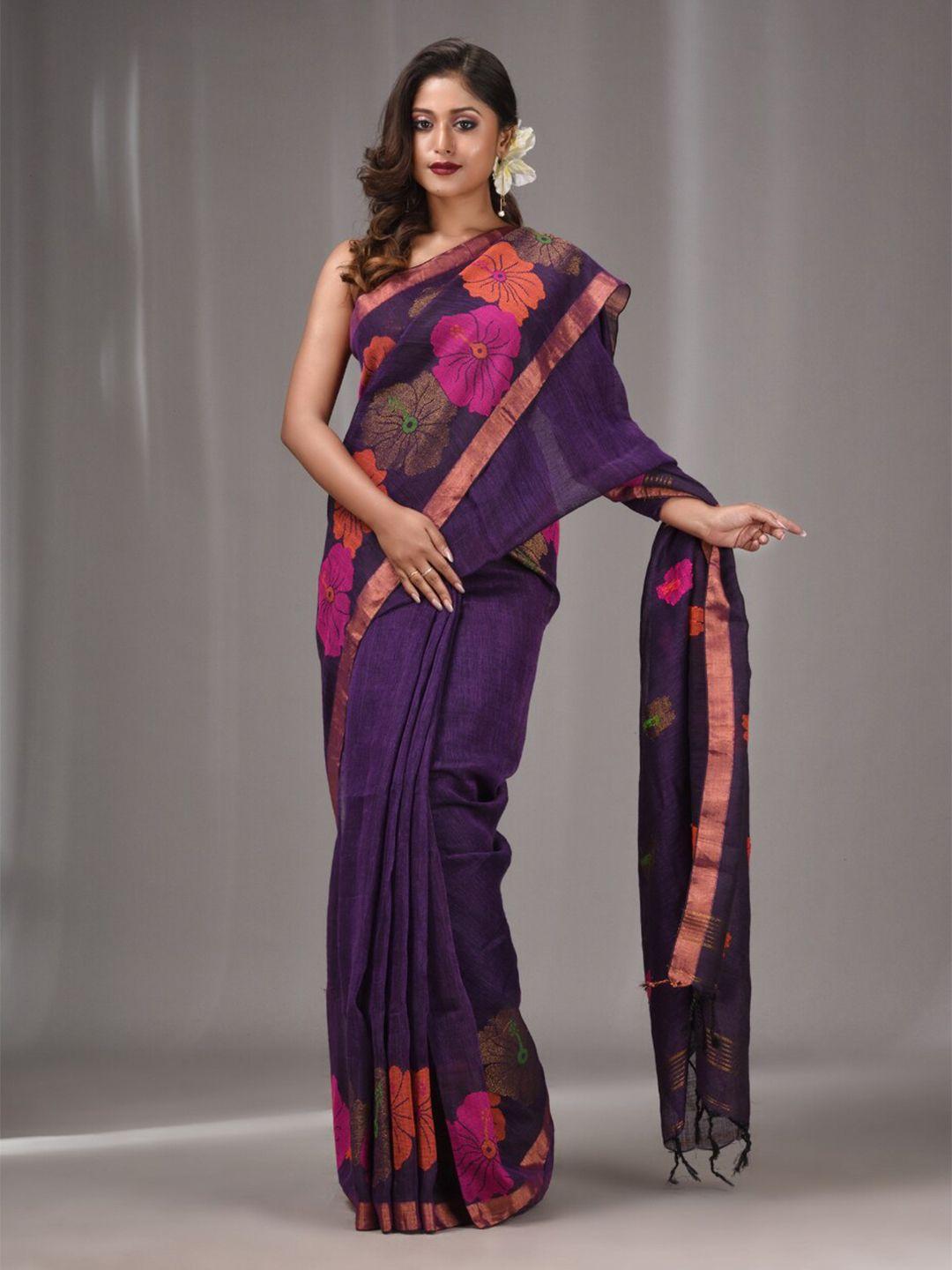 charukriti floral printed zari pure linen saree