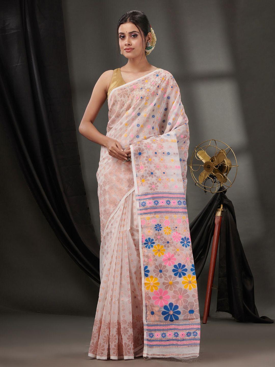 charukriti floral woven design pure cotton jamdani saree