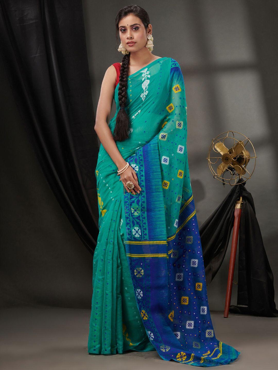 charukriti floral woven design silk cotton jamdani saree