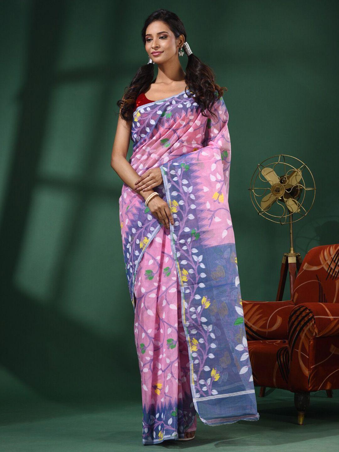 charukriti floral woven design silk cotton jamdani saree