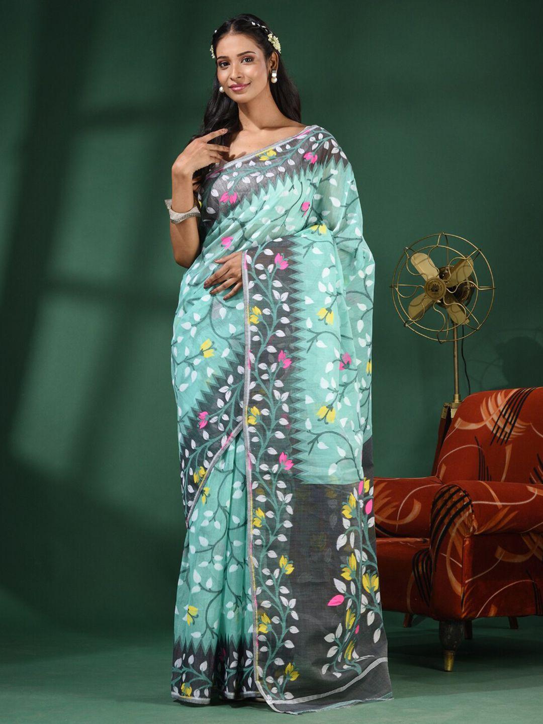 charukriti floral woven design silk cotton jamdani saree