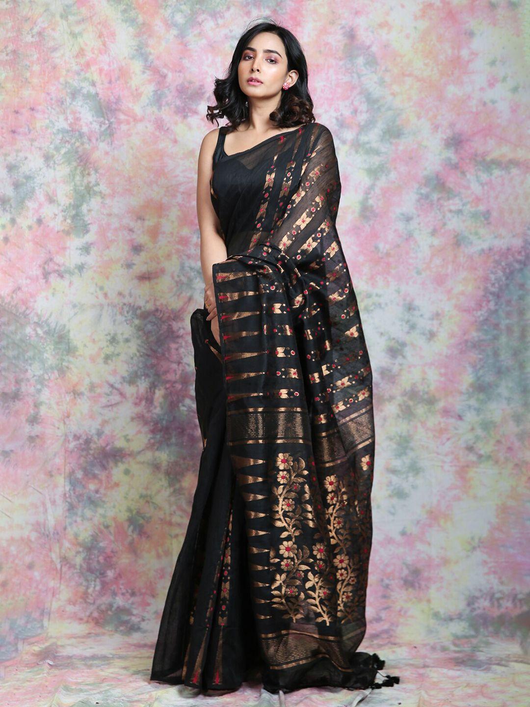charukriti floral woven design silk cotton jamdani saree