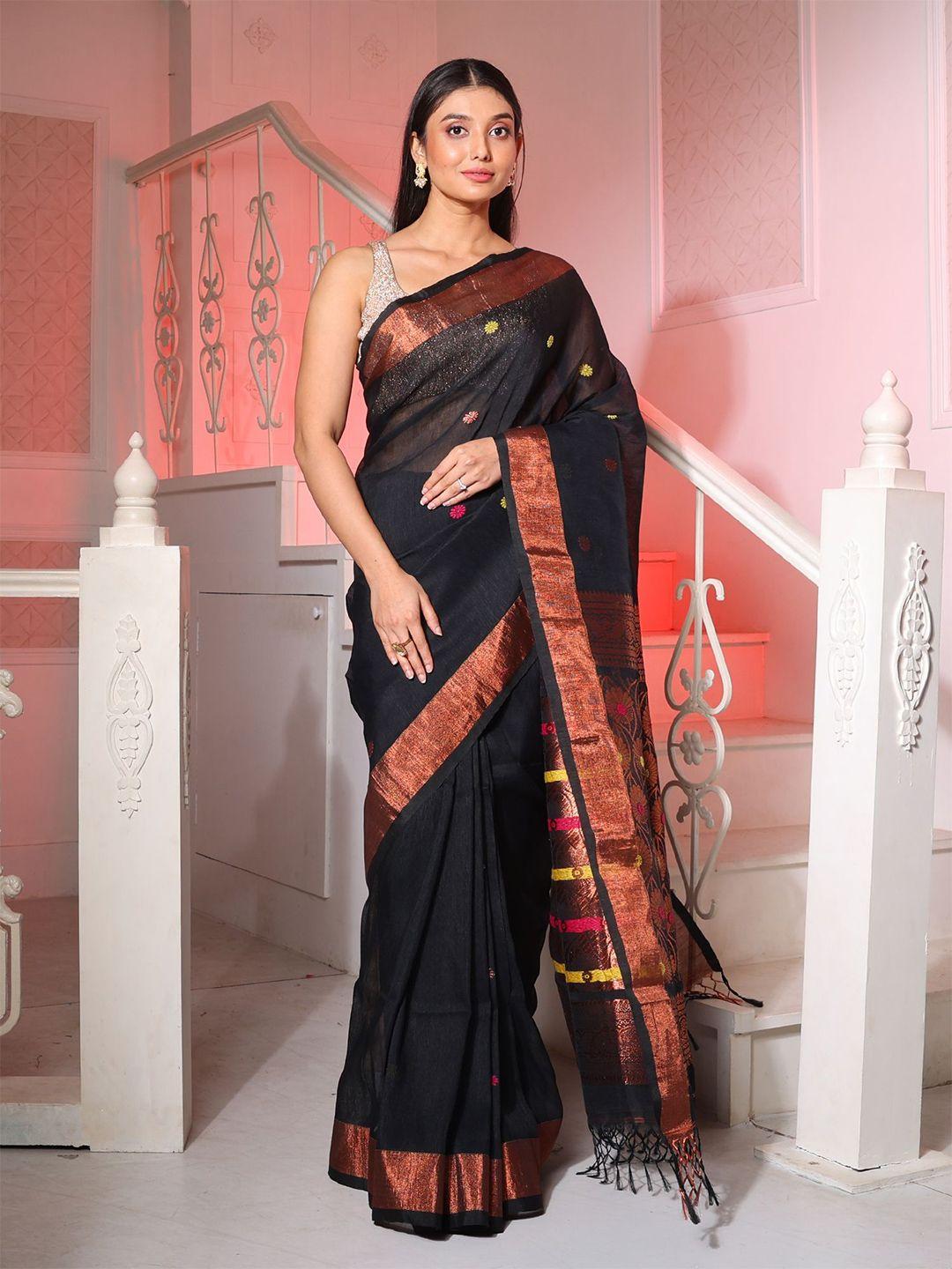 charukriti floral woven design zari pure linen saree