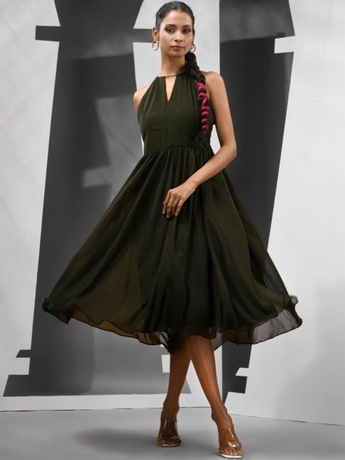 charukriti forest green a-line dress