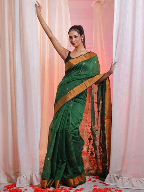 charukriti forest green woven saree with unstitched blouse