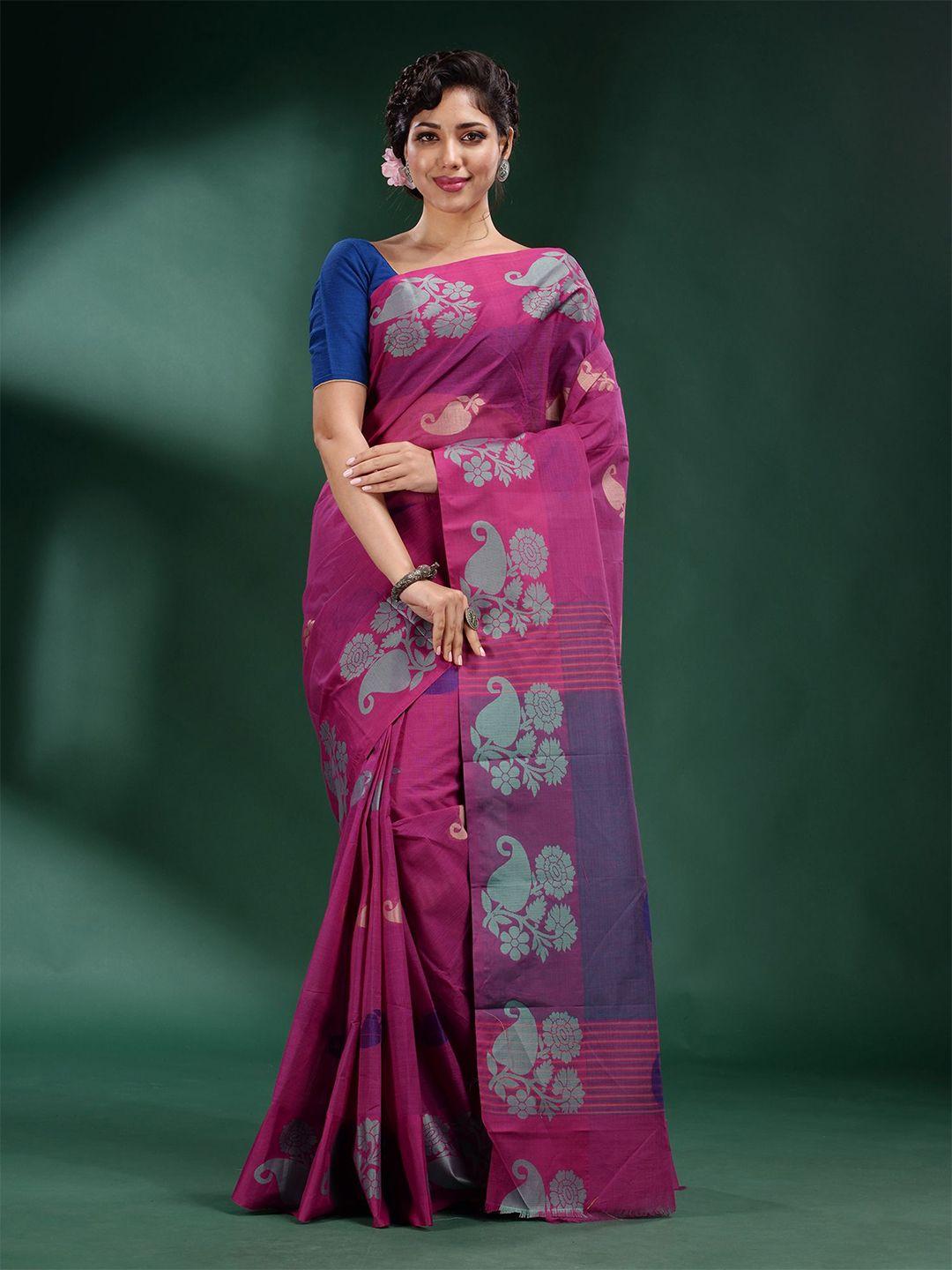 charukriti fuchsia & blue floral pure cotton saree