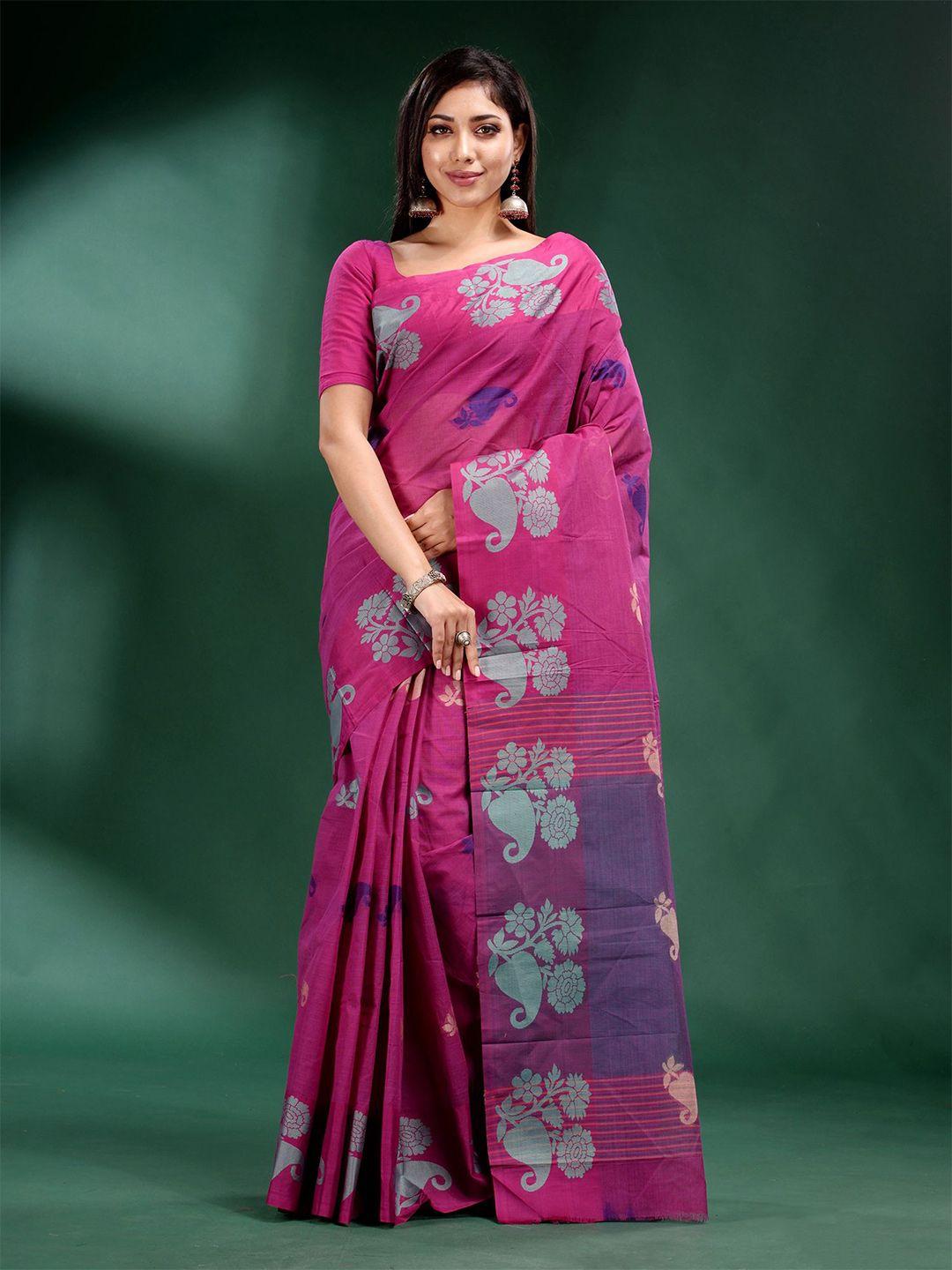 charukriti fuchsia & blue floral pure cotton saree