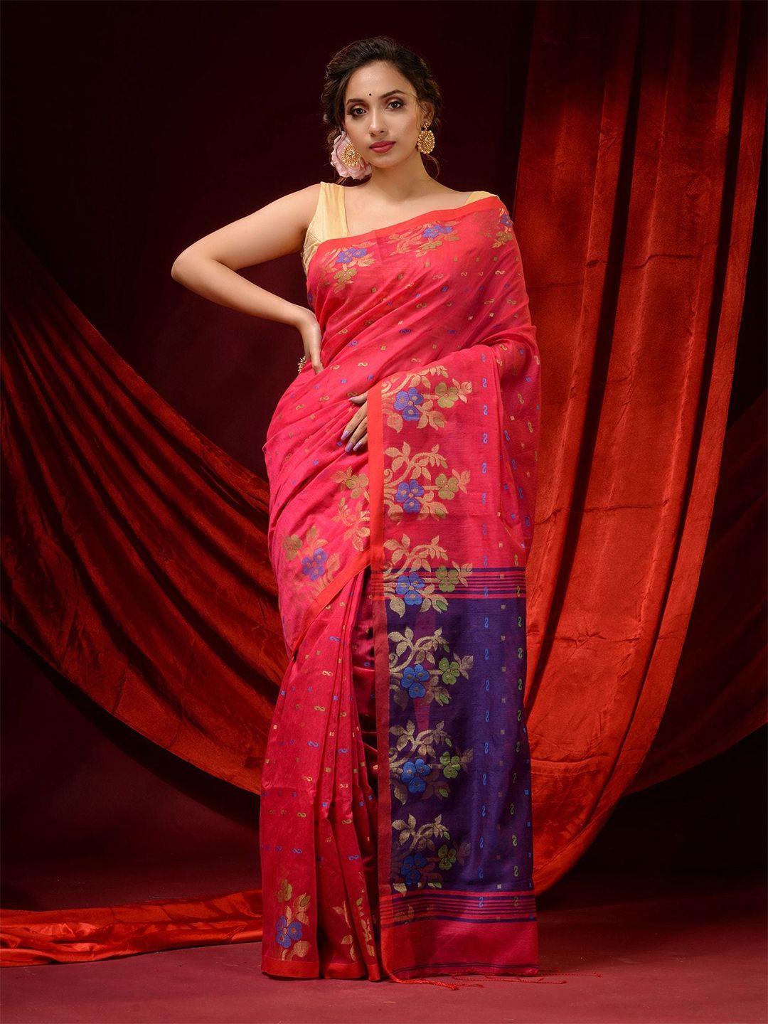 charukriti fuchsia & blue floral zari woven design saree