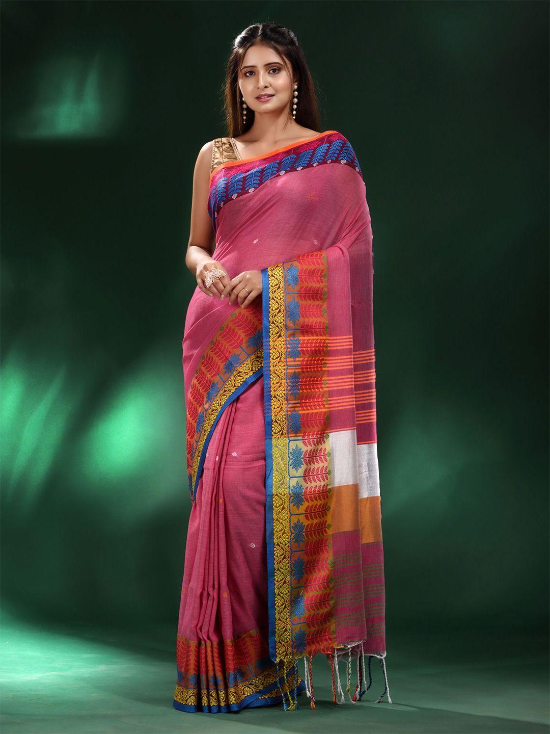 charukriti fuchsia & blue woven design pure cotton saree