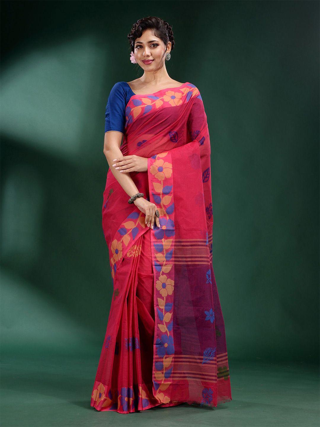 charukriti fuchsia & blue woven design zari pure cotton saree