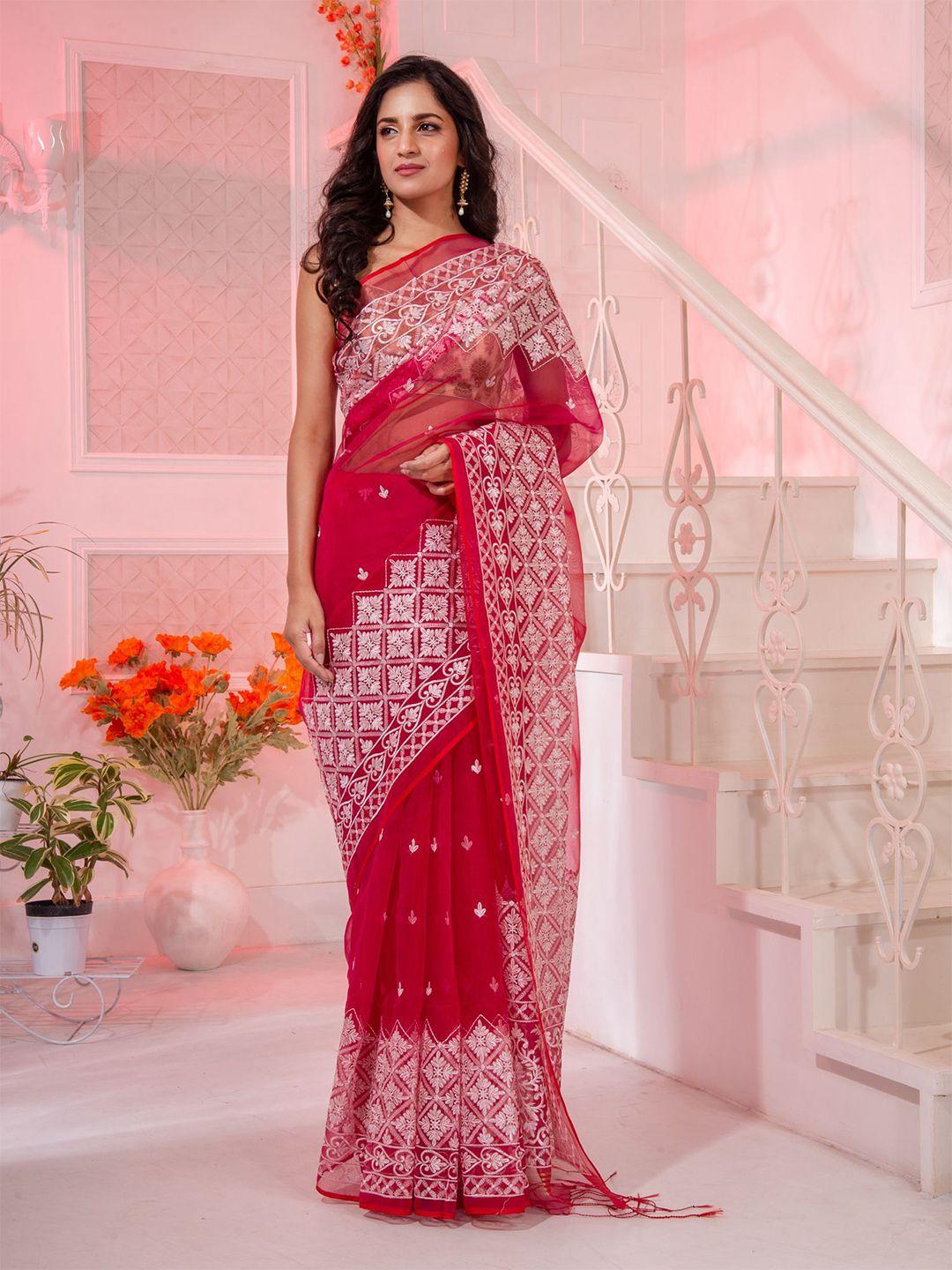 charukriti fuchsia & white ethnic motifs pure silk saree