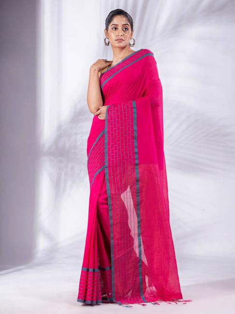 charukriti fuchsia cotton striped saree with blouse