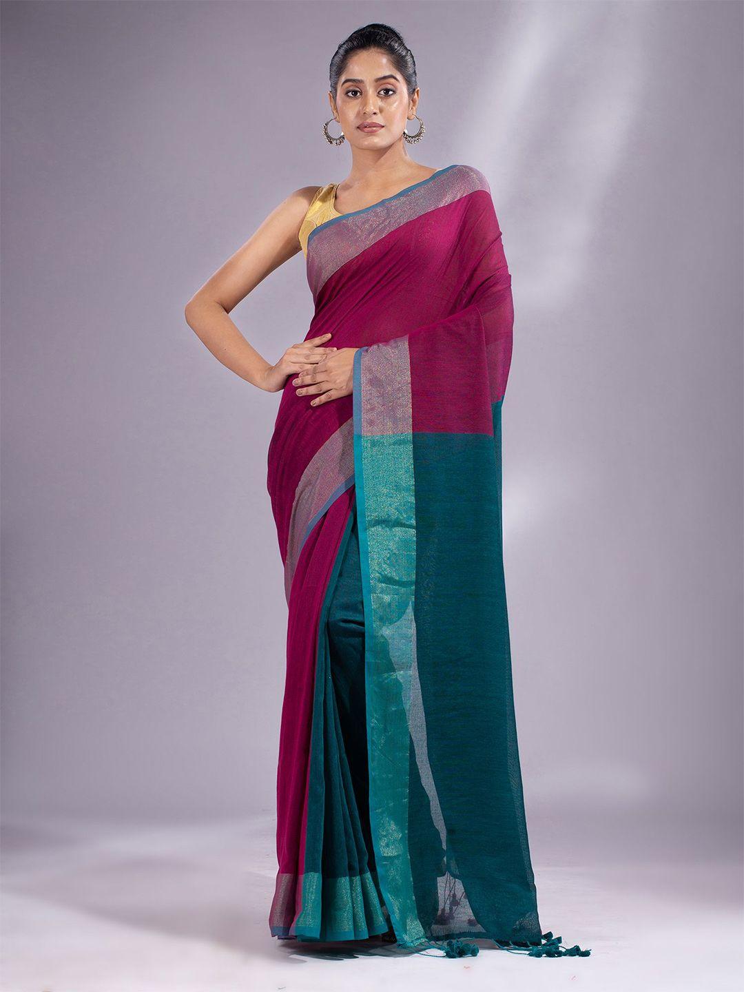 charukriti fuchsia pink & teal blue zari pure cotton saree