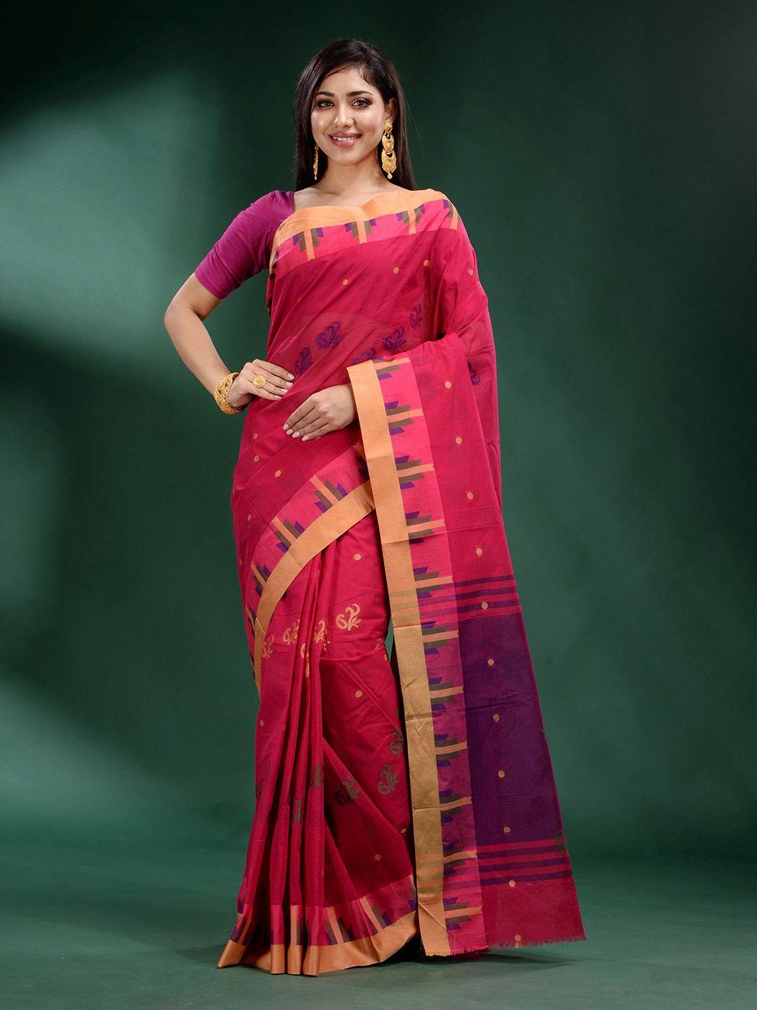 charukriti fuchsia pink and purple woven design zari pure cotton saree