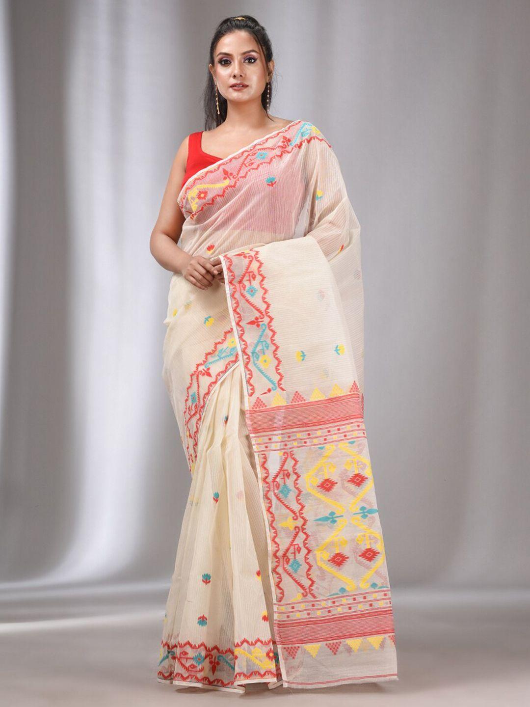 charukriti geometric woven design pure cotton jamdani saree