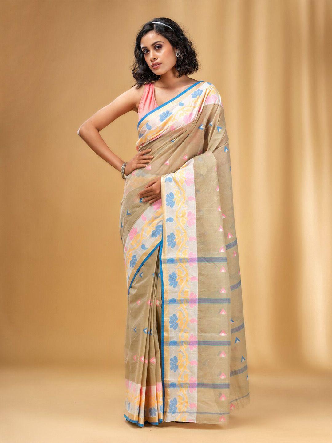 charukriti geometric woven design pure cotton taant saree