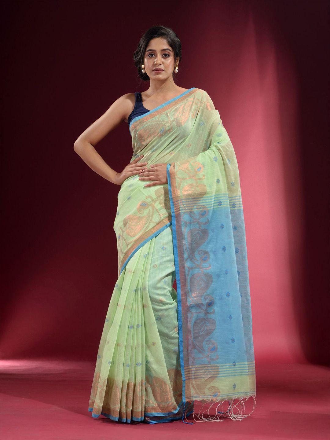 charukriti green & copper-toned woven design zari saree