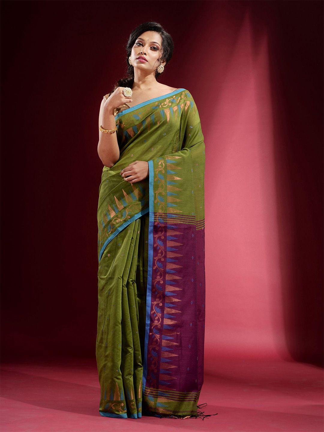 charukriti green & copper-toned woven design zari saree