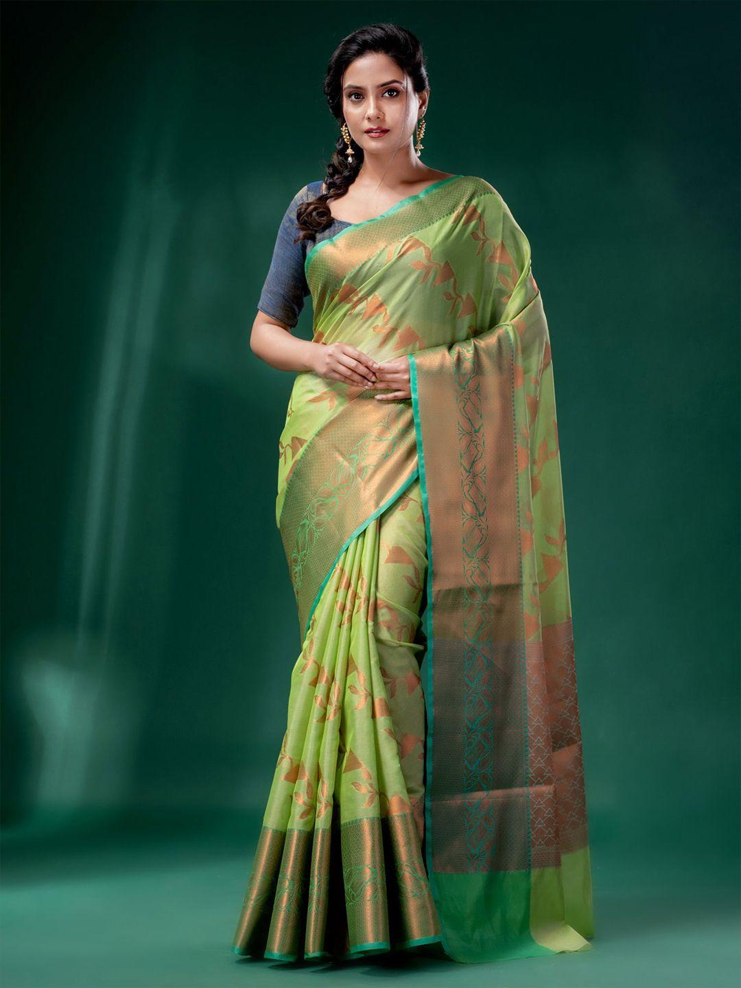 charukriti green & gold-toned ethnic motifs zari silk cotton saree