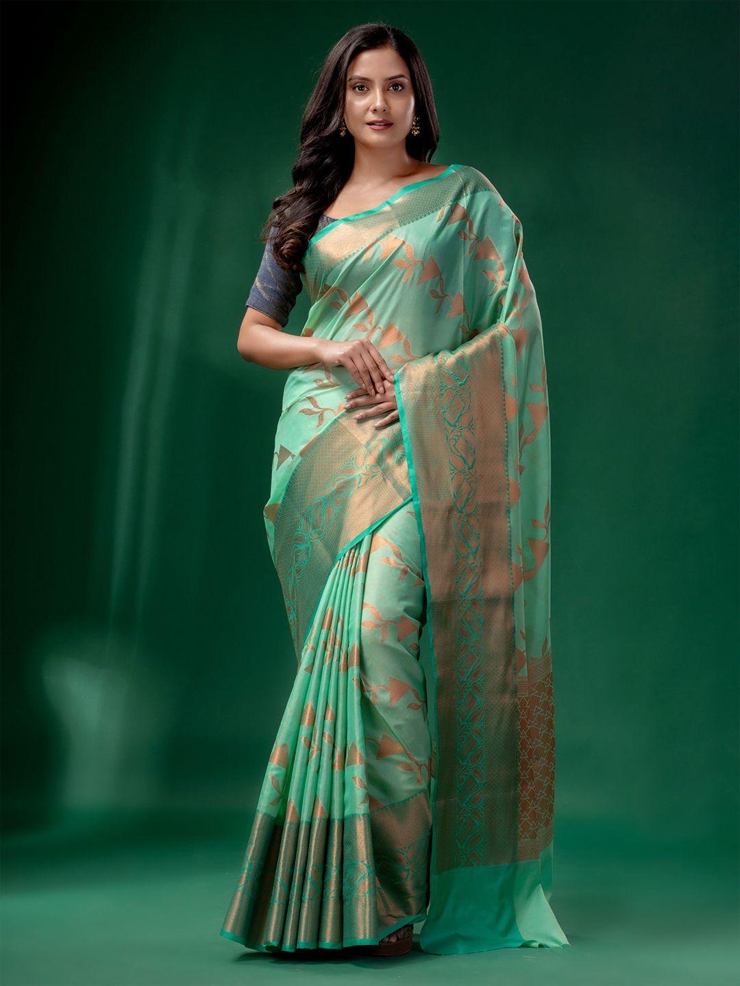 charukriti green & gold-toned floral woven design zari saree