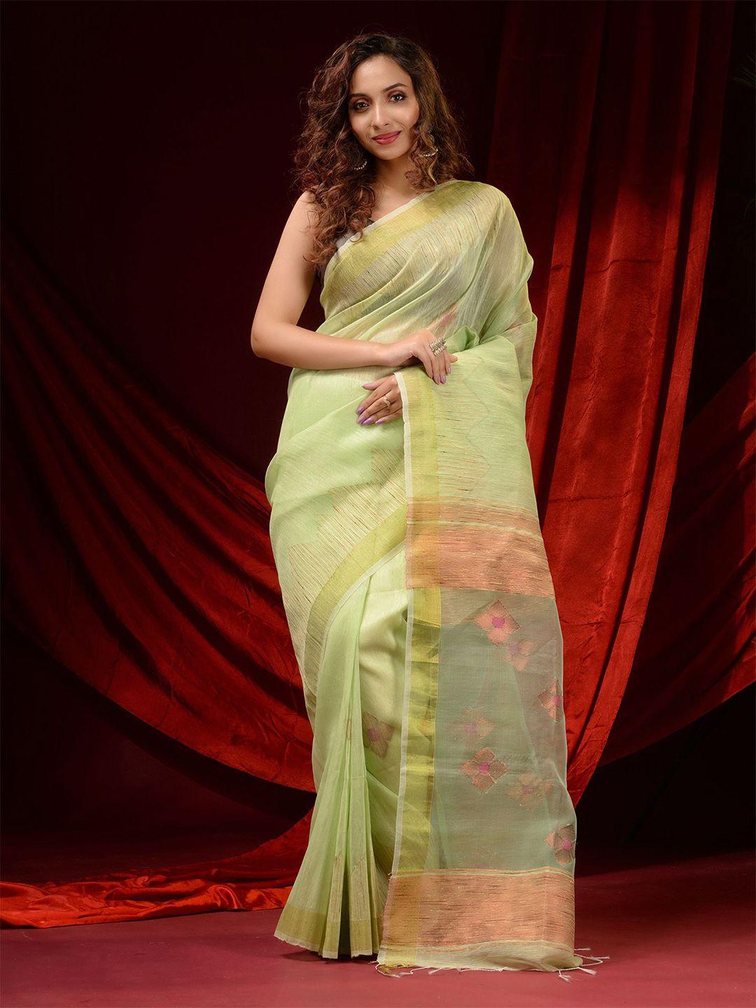 charukriti green & gold-toned floral zari linen blend saree