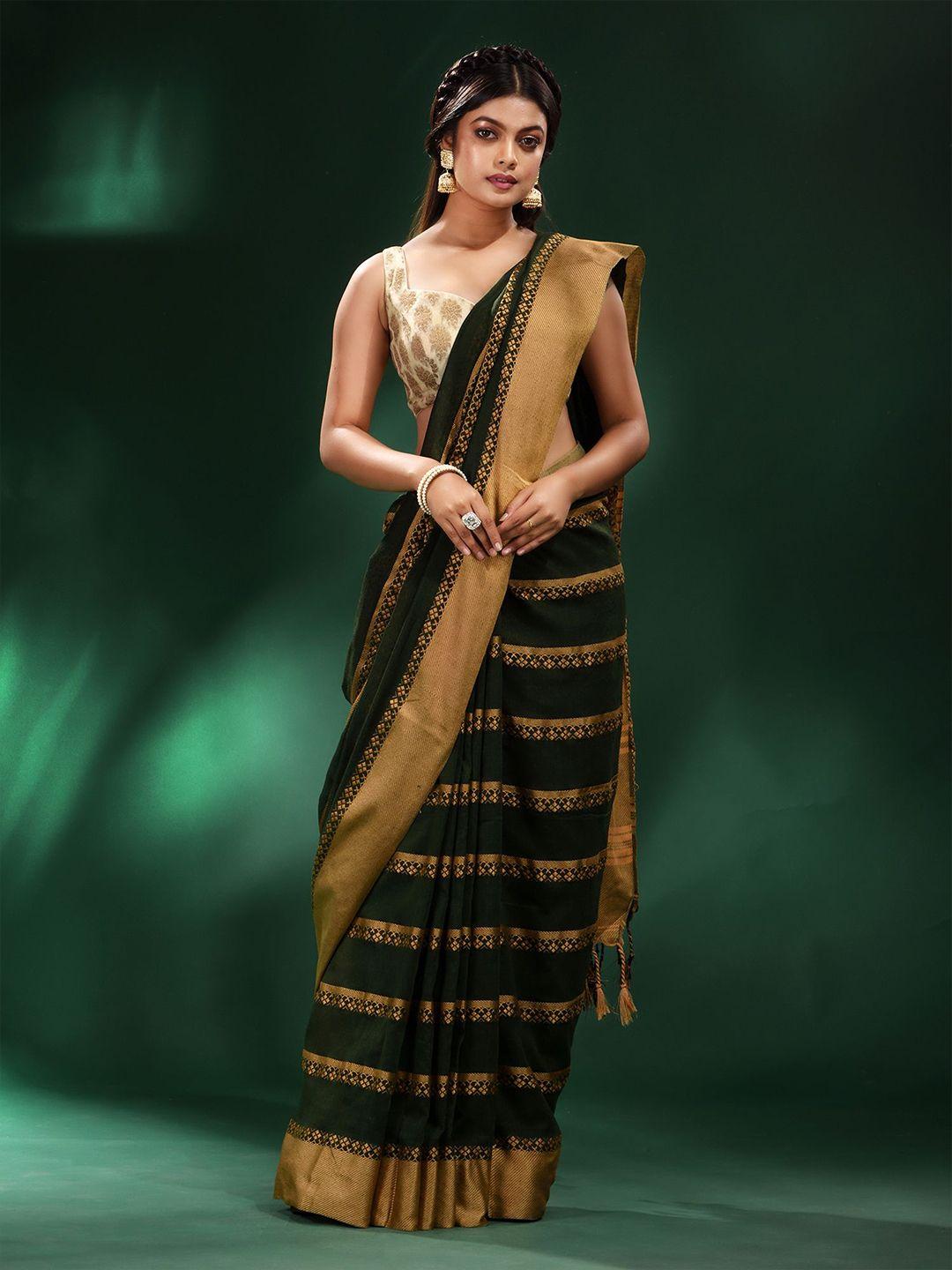 charukriti green & gold-toned striped pure cotton saree