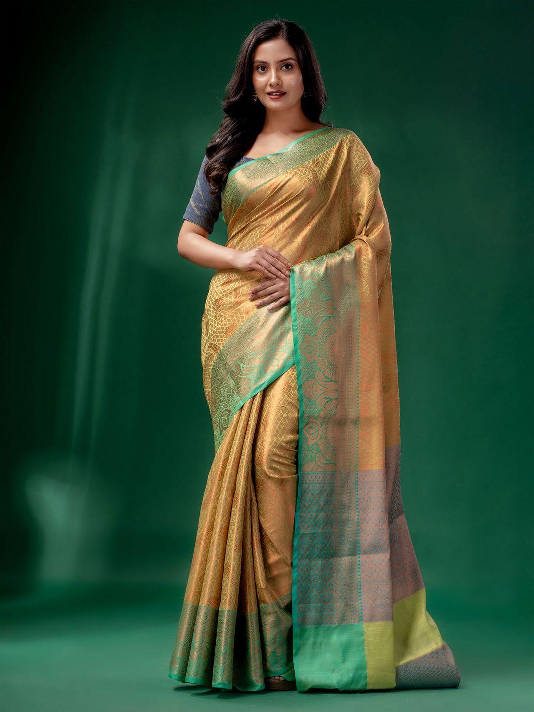 charukriti green & gold-toned woven design zari brocade saree