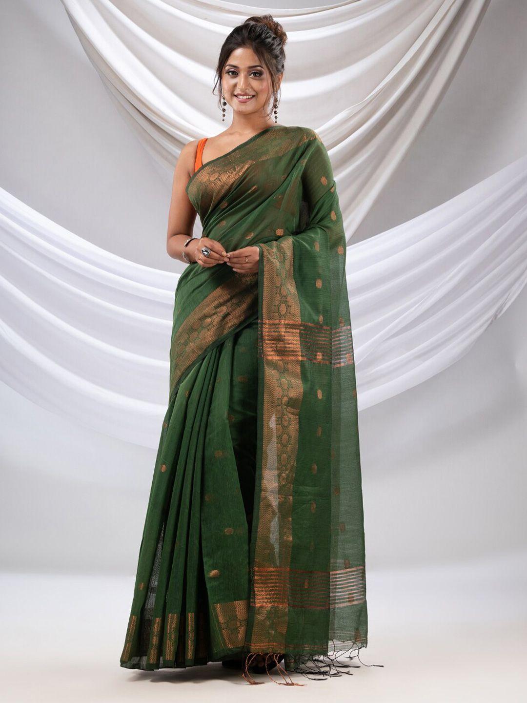 charukriti green & gold-toned woven design zari saree