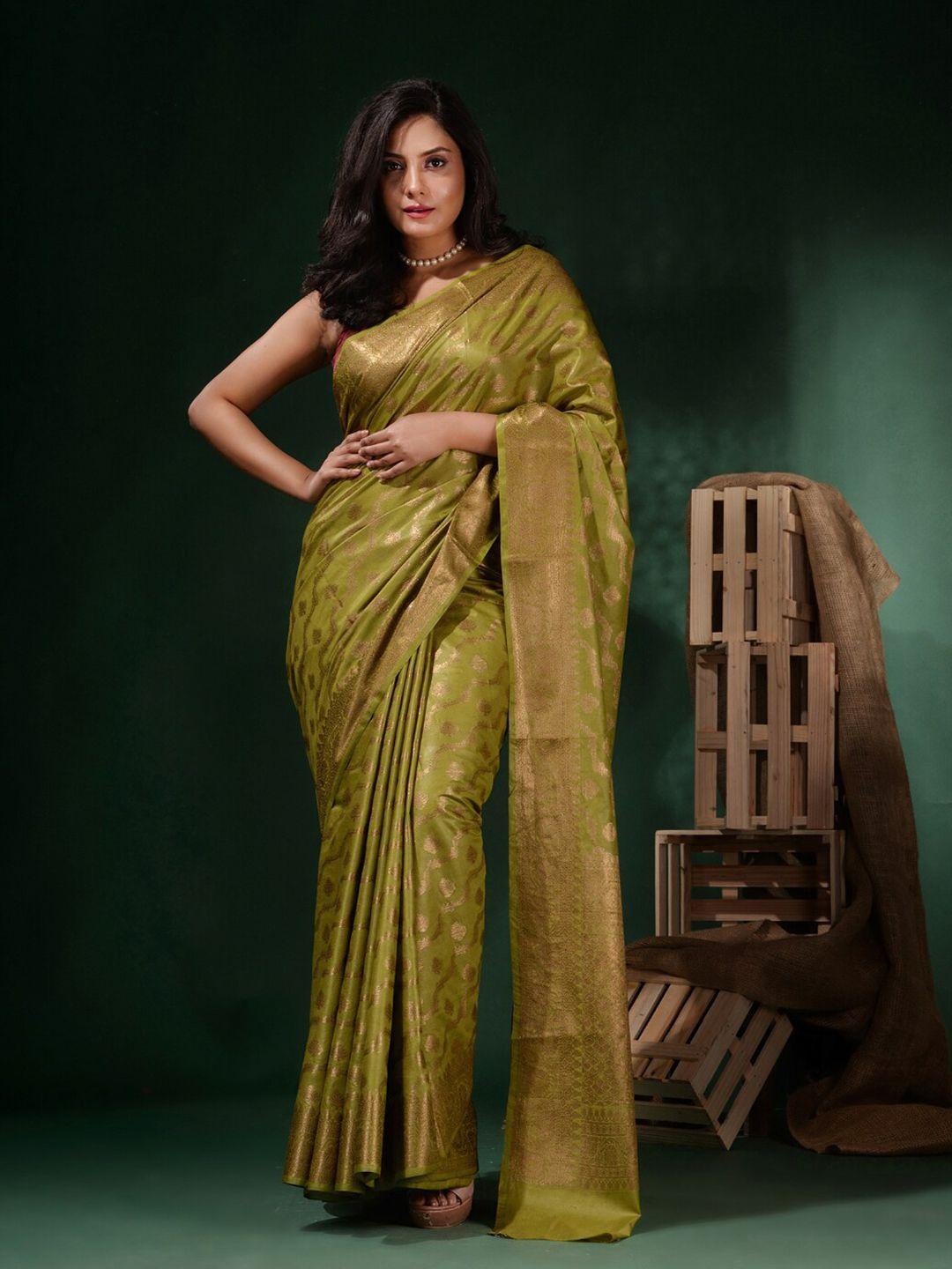 charukriti green & gold-toned woven design zari silk blend saree