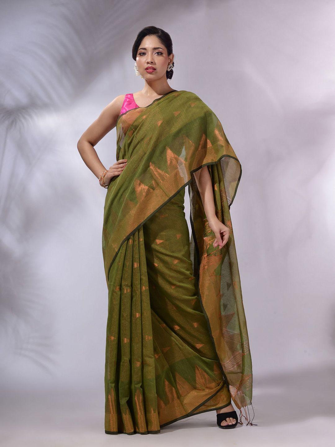 charukriti green & gold-toned woven design zari tissue saree