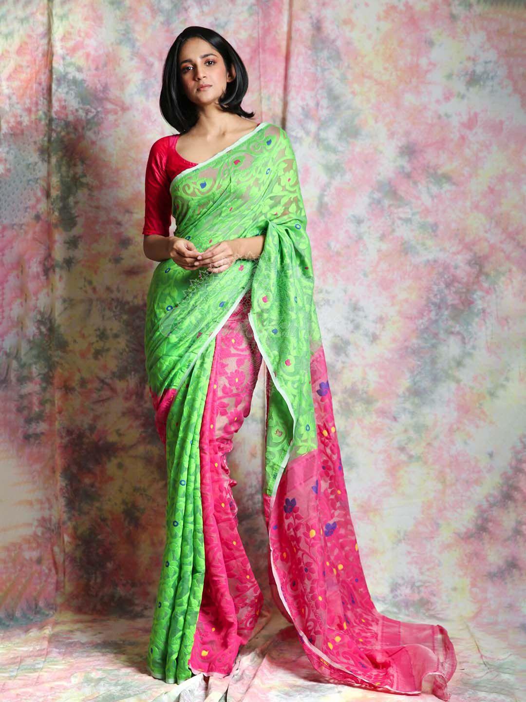 charukriti green & magenta floral silk cotton jamdani saree