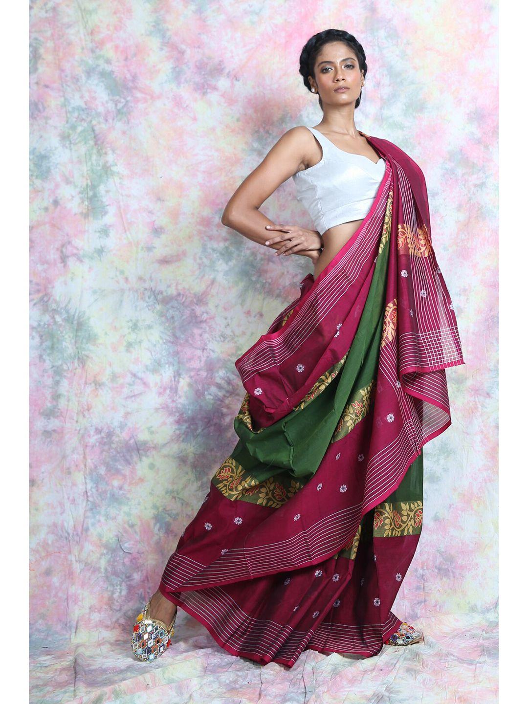 charukriti green & magenta woven design handloom cotton blend saree