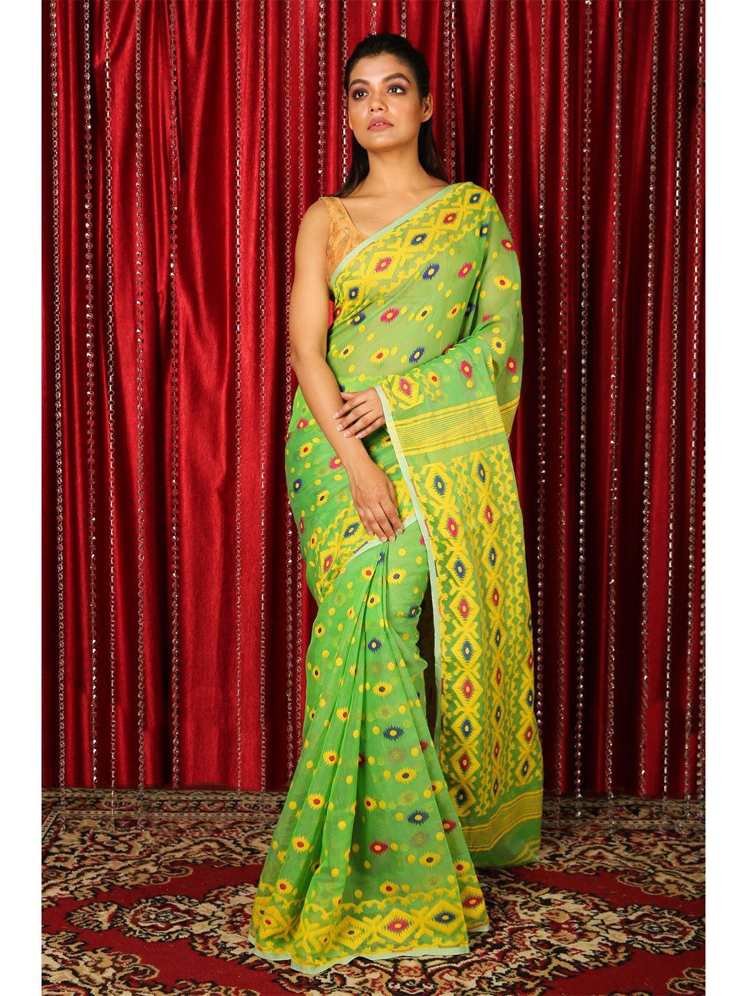charukriti green & multi color woven design silk cotton jamdani saree