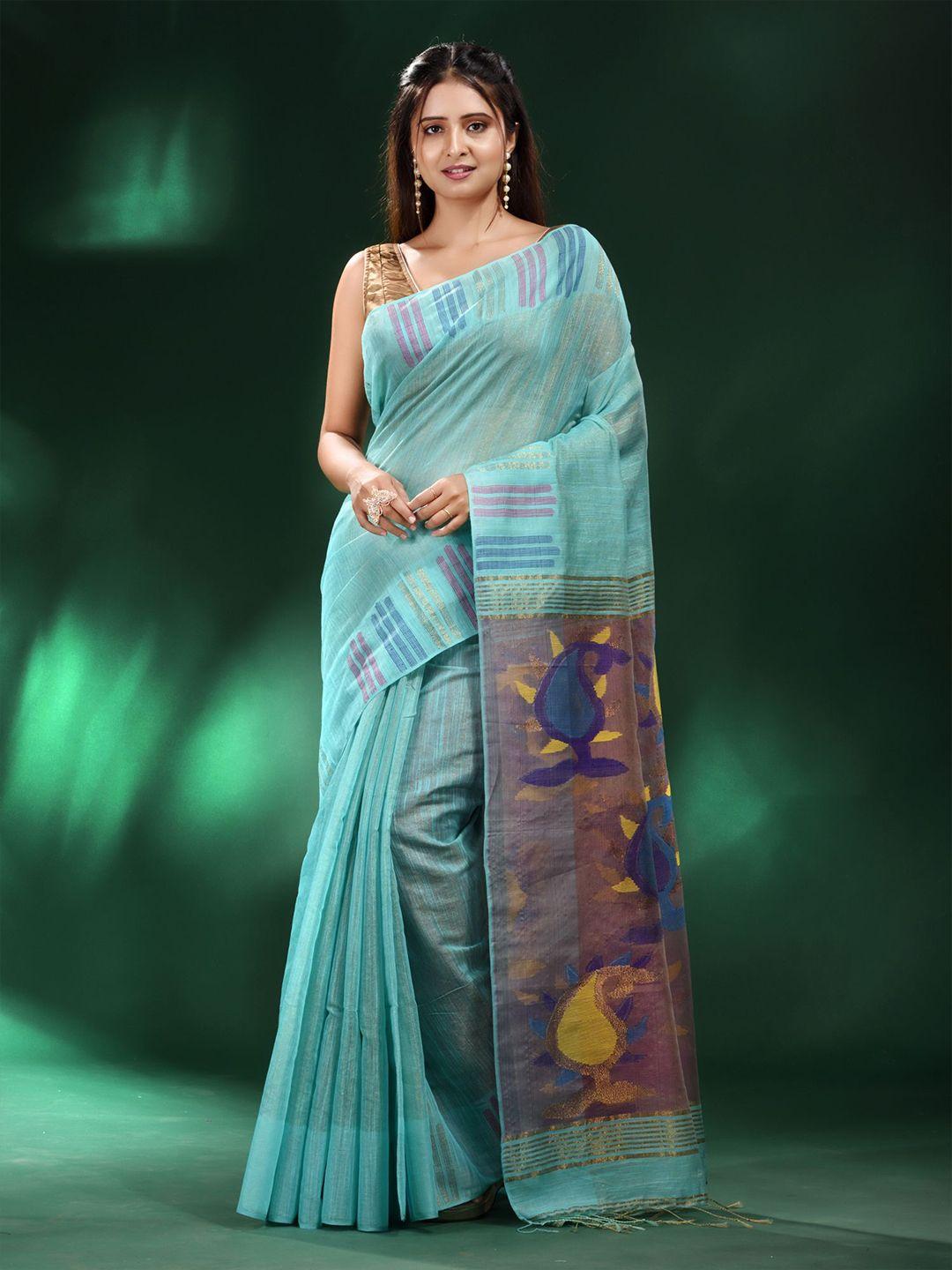 charukriti green & mustard woven design tissue saree