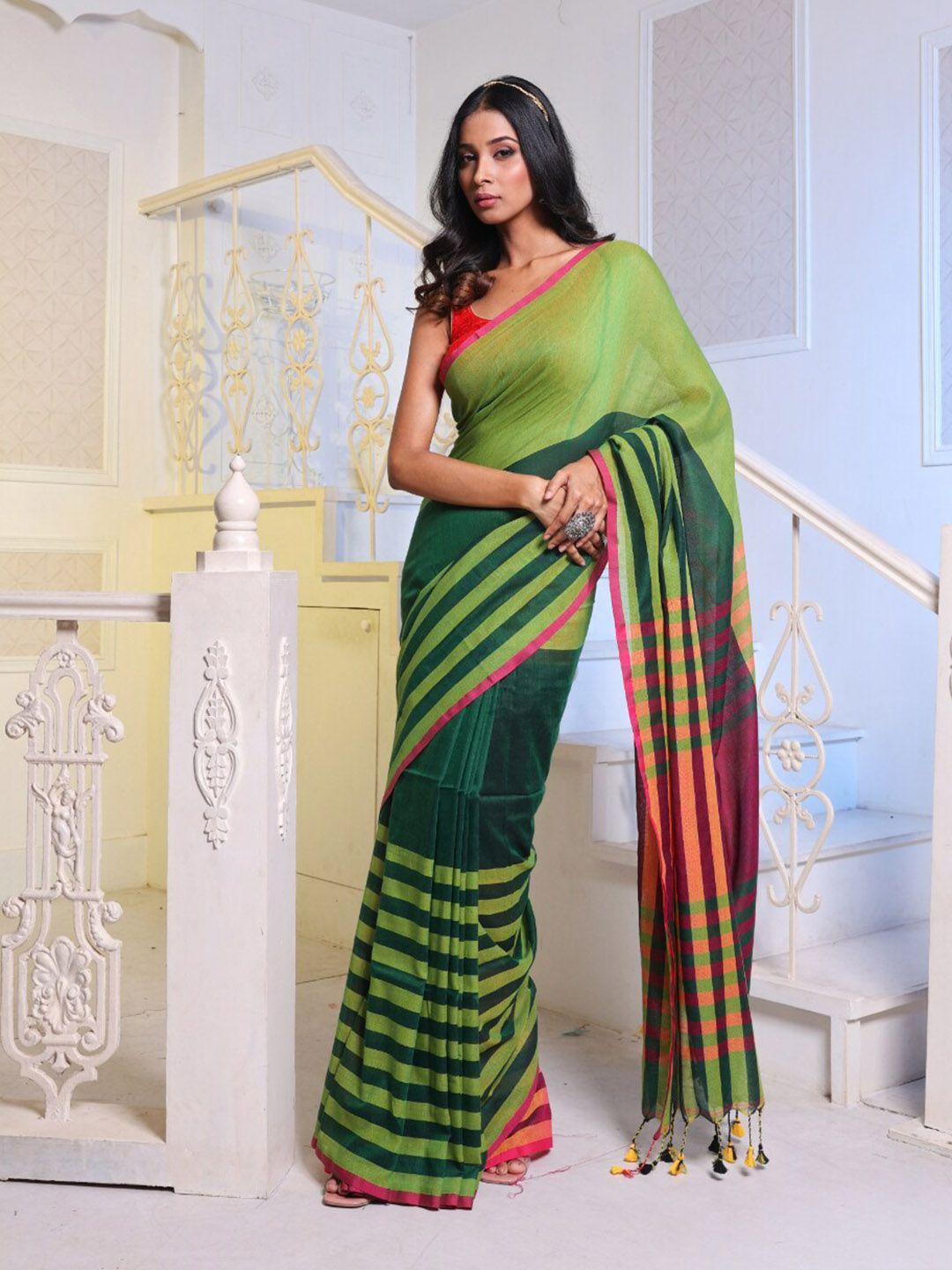 charukriti green & orange colourblocked pure cotton saree